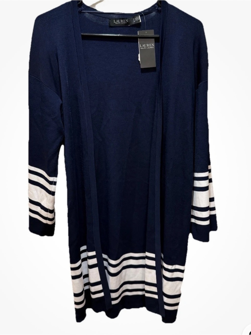 Lauren Ralph Lauren Open Cardigan Long SM Navy White Stripe Solid NWT MSRP $225 - Picture 2 of 15